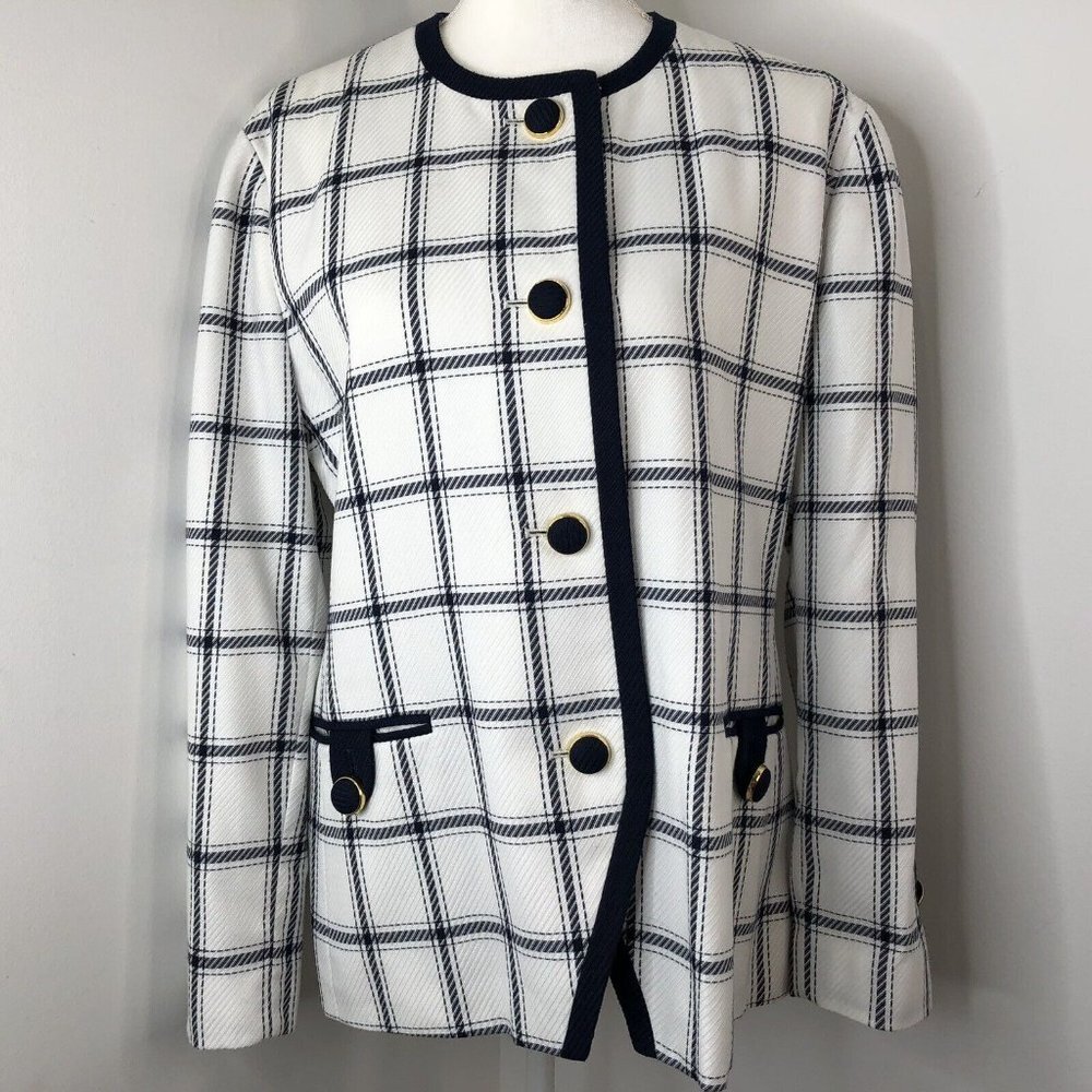 Executive Collection Womens Blazer Jacket Sz 14 White Blue Stripes Front Pockets - Picture 3 of 12